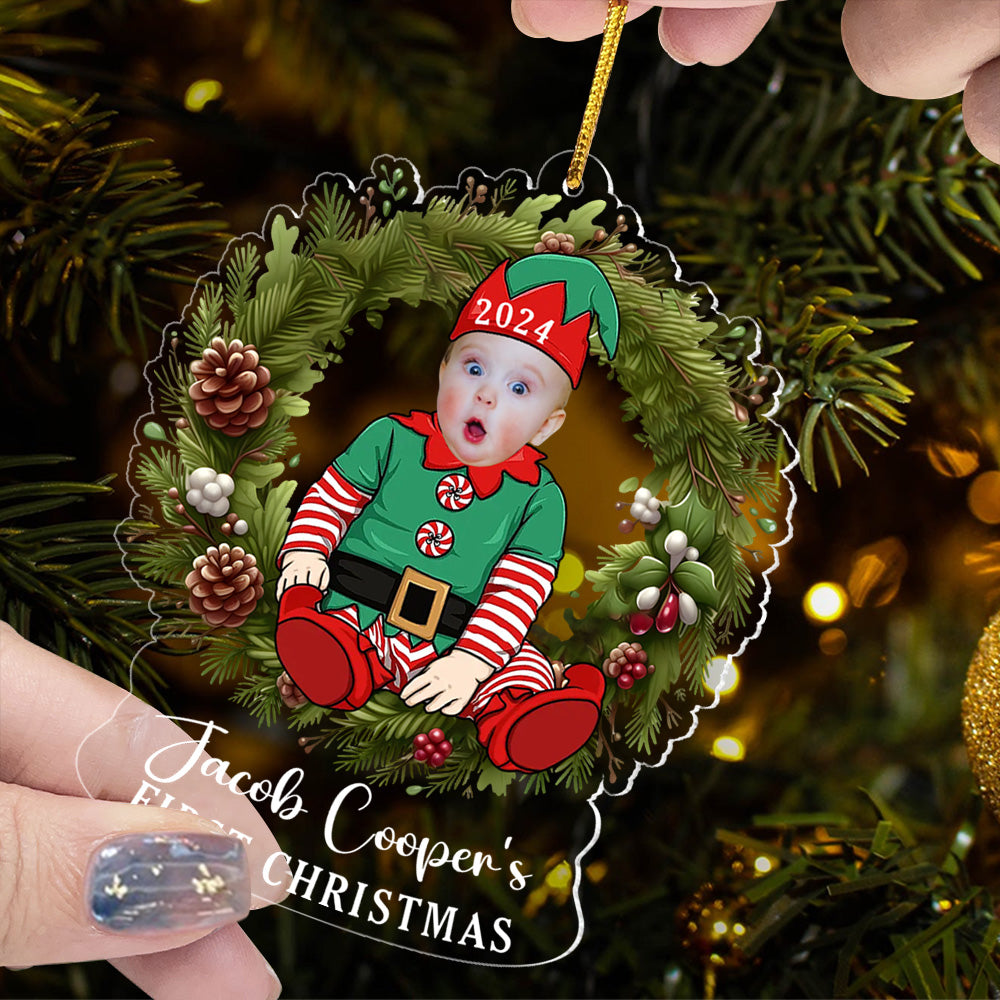 Custom Photo Baby's First Christmas Sitting on Wreath Ornament
