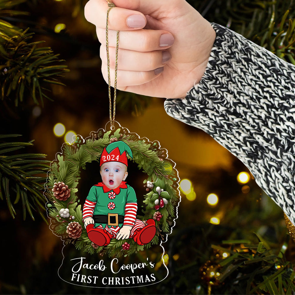 Custom Photo Baby's First Christmas Sitting on Wreath Ornament