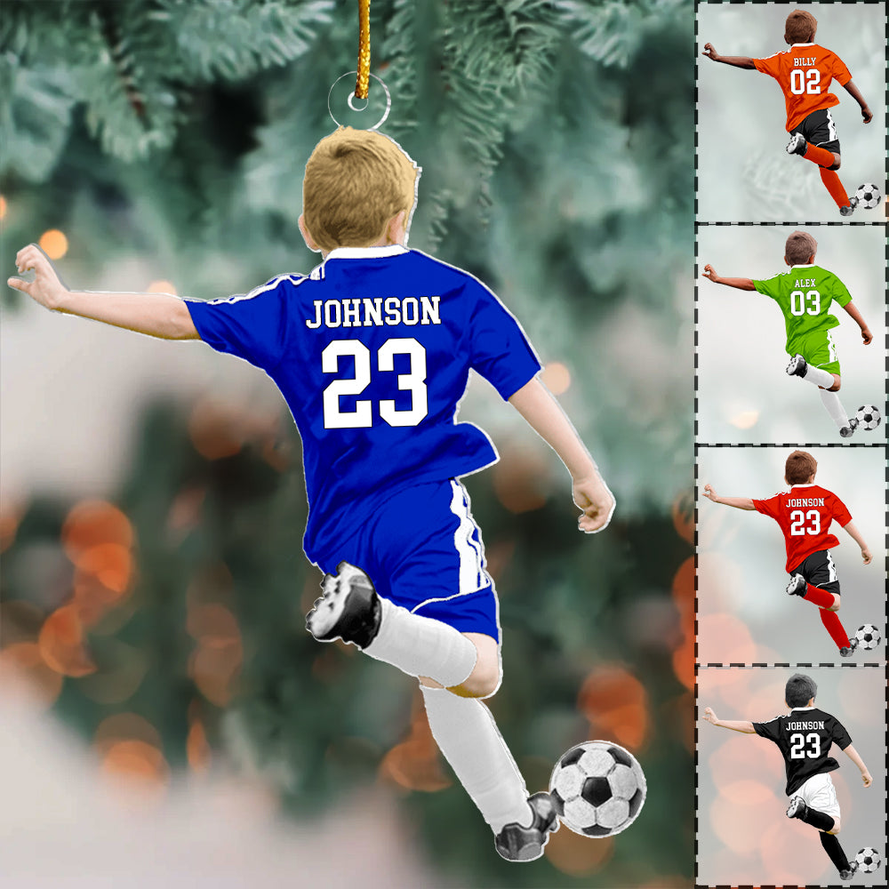 Personalized Little Boy/Kid Soccer Players Acrylic Christmas Ornament - Gift For Soccer Lovers