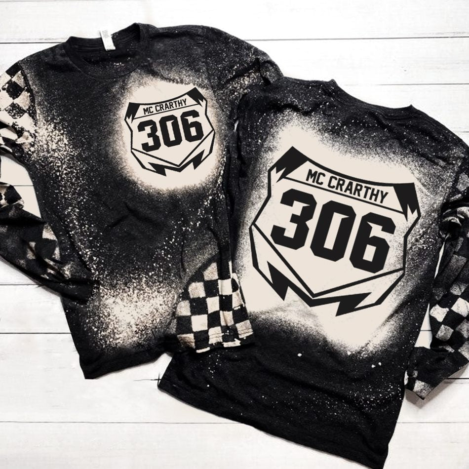Personalized Name and Number Motocross Racing Dirt Track Motocross bike Race Checkered Flag Bleached H2511