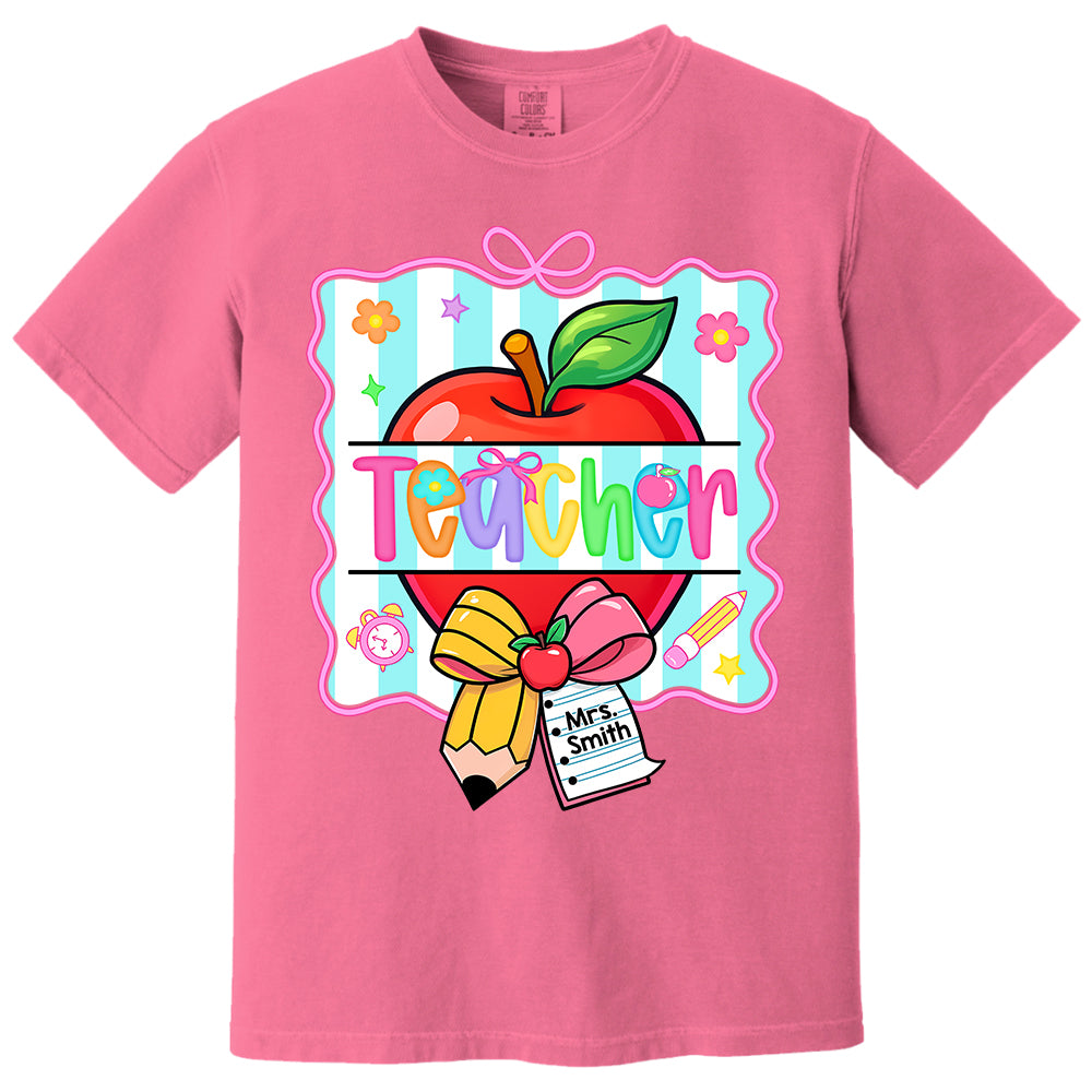 Personalized Teacher Shirt With Apple & Pencil Bow,Back to School Teacher, Appreciation Gift For Teacher Tu24 Do99