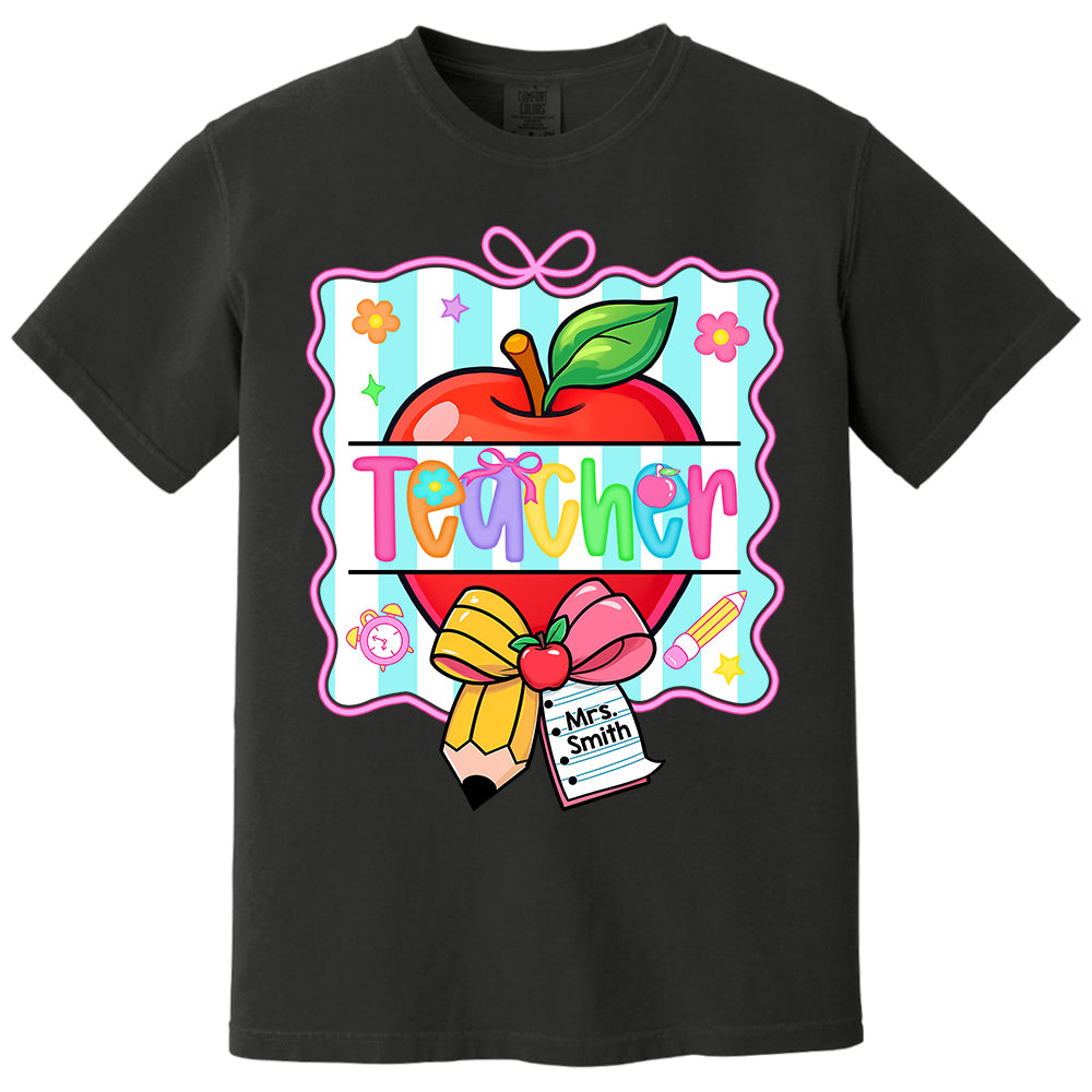 Personalized Teacher Shirt With Apple & Pencil Bow,Back to School Teacher, Appreciation Gift For Teacher Tu24 Do99