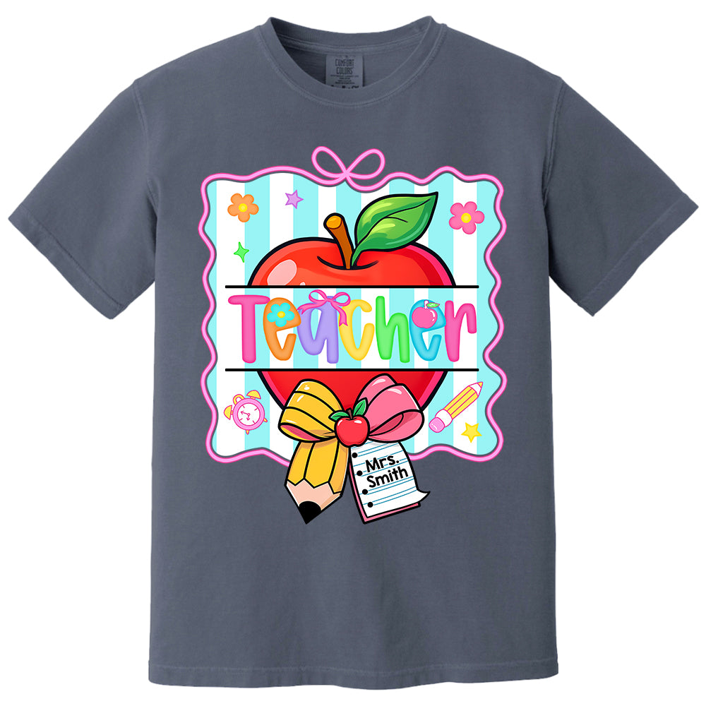 Personalized Teacher Shirt With Apple & Pencil Bow,Back to School Teacher, Appreciation Gift For Teacher Tu24 Do99