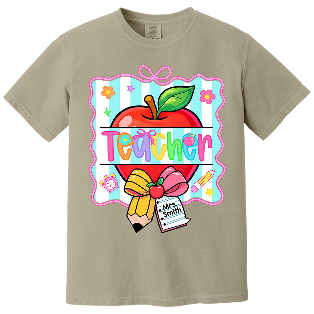 Personalized Teacher Shirt With Apple & Pencil Bow,Back to School Teacher, Appreciation Gift For Teacher Tu24 Do99