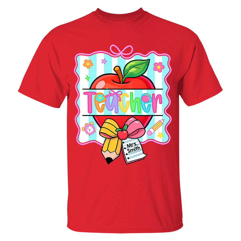 Personalized Teacher Shirt With Apple & Pencil Bow,Back to School Teacher, Appreciation Gift For Teacher Tu24 Do99