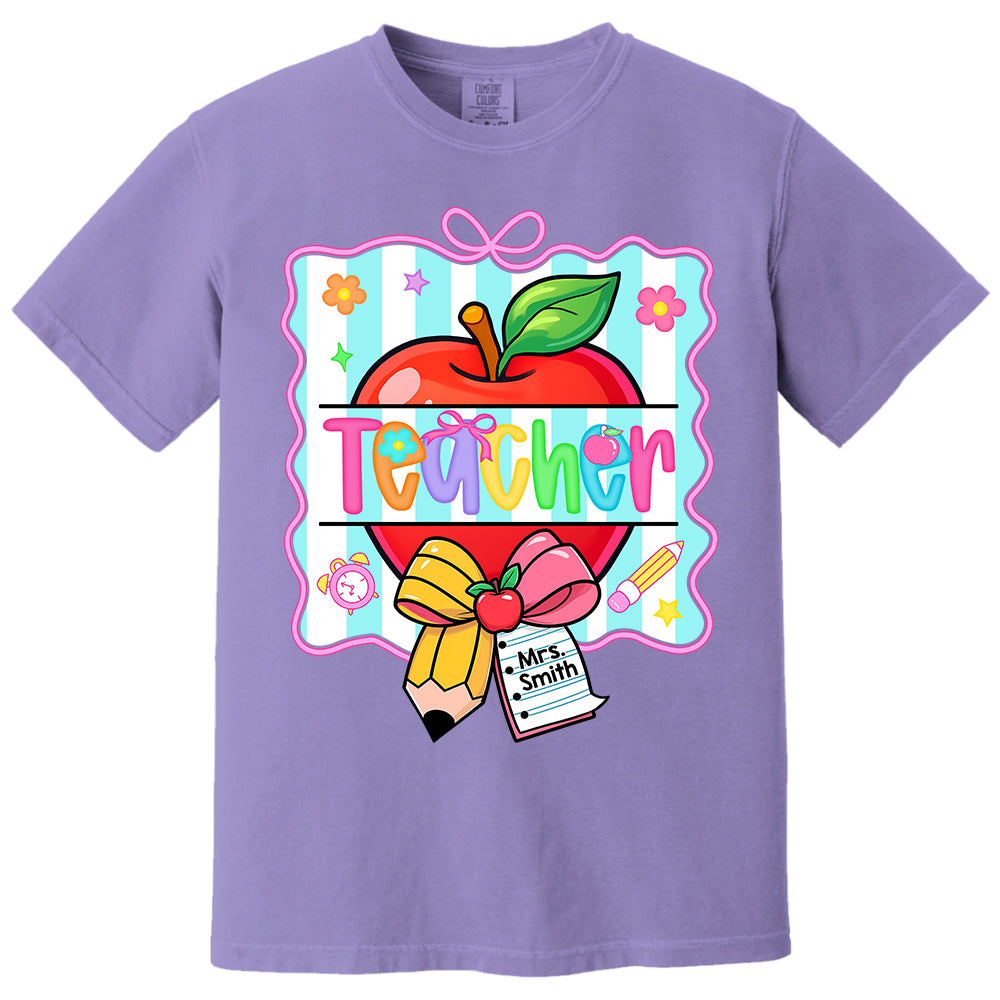 Personalized Teacher Shirt With Apple & Pencil Bow,Back to School Teacher, Appreciation Gift For Teacher Tu24 Do99