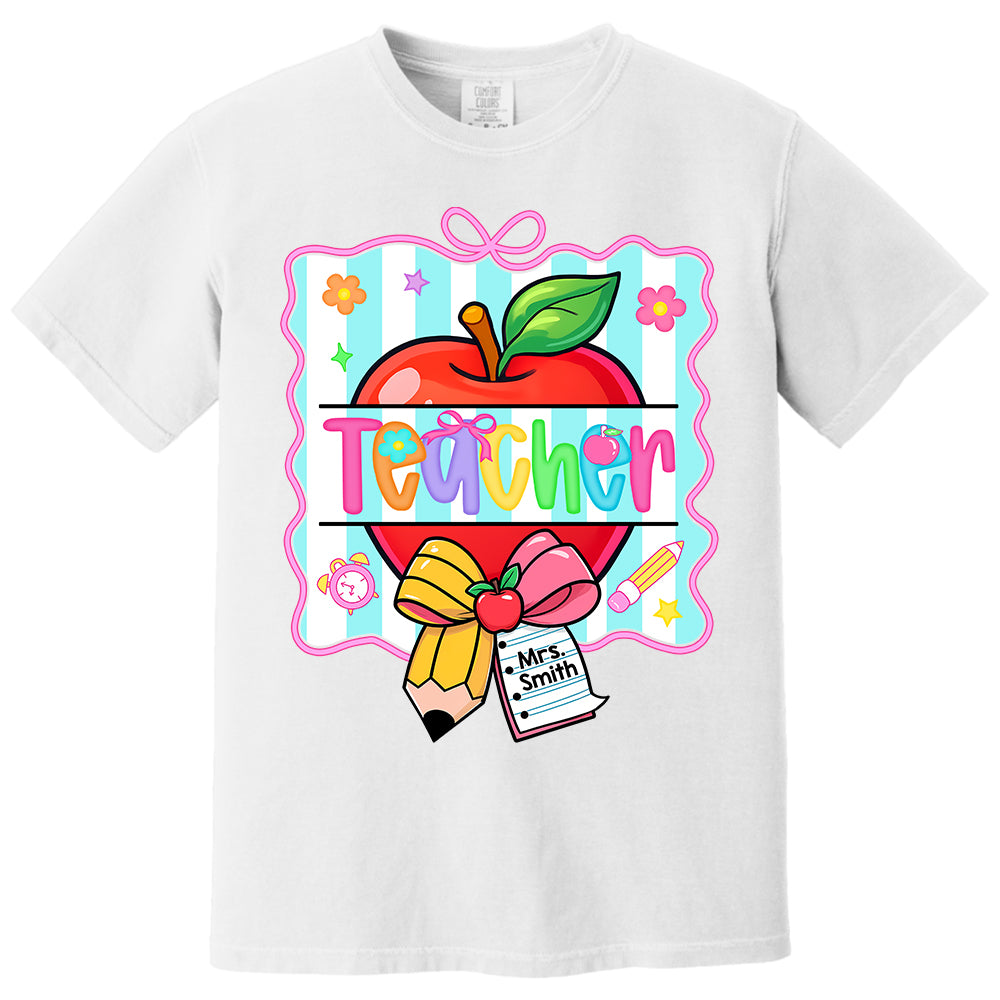 Personalized Teacher Shirt With Apple & Pencil Bow,Back to School Teacher, Appreciation Gift For Teacher Tu24 Do99