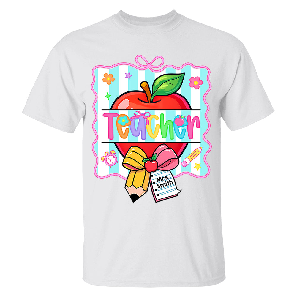 Personalized Teacher Shirt With Apple & Pencil Bow,Back to School Teacher, Appreciation Gift For Teacher Tu24 Do99