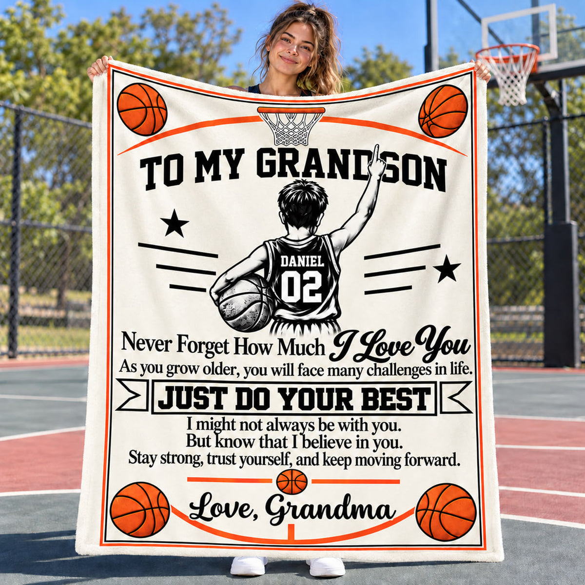 Personalized Basketball Blanket for Grandson, Custom Name & Number Basketball Player Throw Blanket, Gift from Grandma Na02 Nh00 DN10