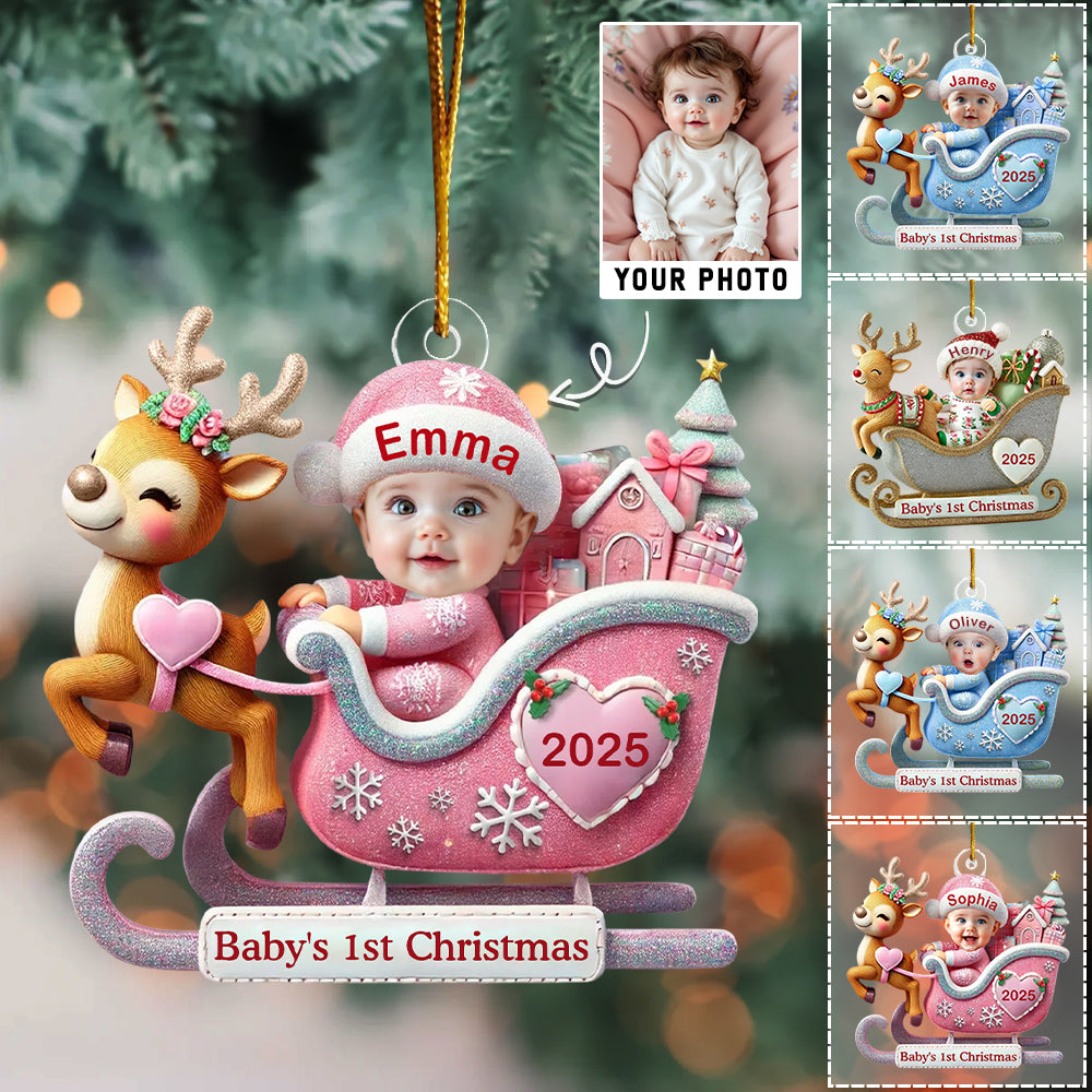 Baby In Reindeer Sleigh - Custom Photo Acrylic Ornament T1807 Hv01