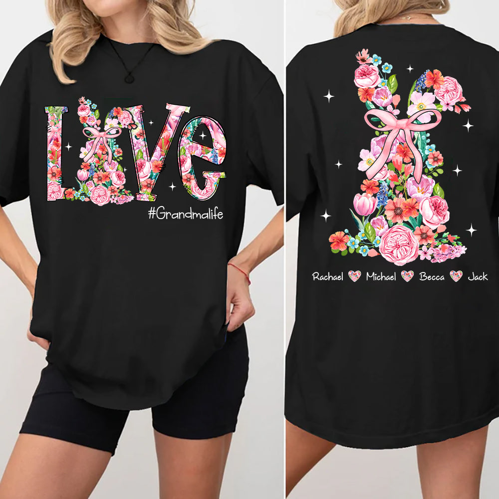 Custom Easter Watercolor Floral Bunny Bow T-Shirt, Personalized Gift For Grandma & Kids