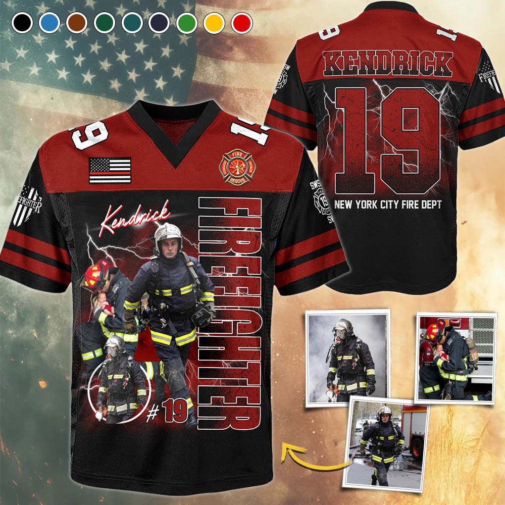 Personalized Photo Firefighter Football Jersey Shirt, Custom Dept Name Number Gift For Firefighters T1807