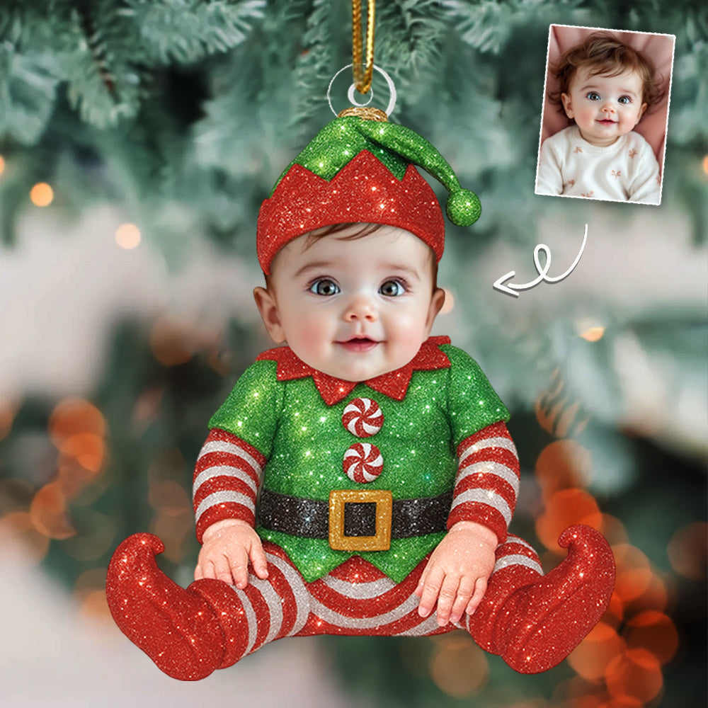 Adorable Newborn Baby Elf - Personalized Babys Photo First Christmas Ornament