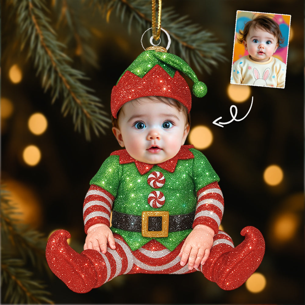 Adorable Newborn Baby Elf - Personalized Babys Photo First Christmas Ornament