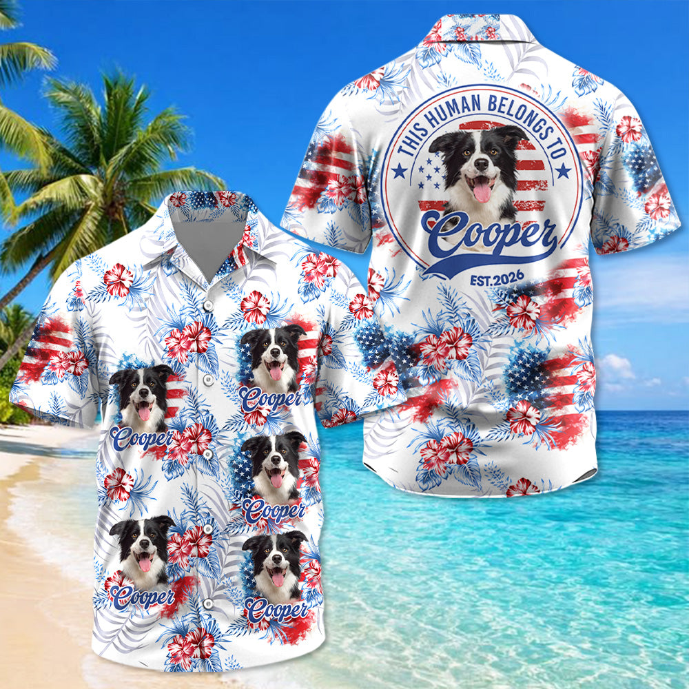 This Human Belongs To, Custom Photo Dog Short Sleeve Silk Shirt, USA 250 Anniversary Patriotic Shirt, Gift For Dog Lover T1807 T24
