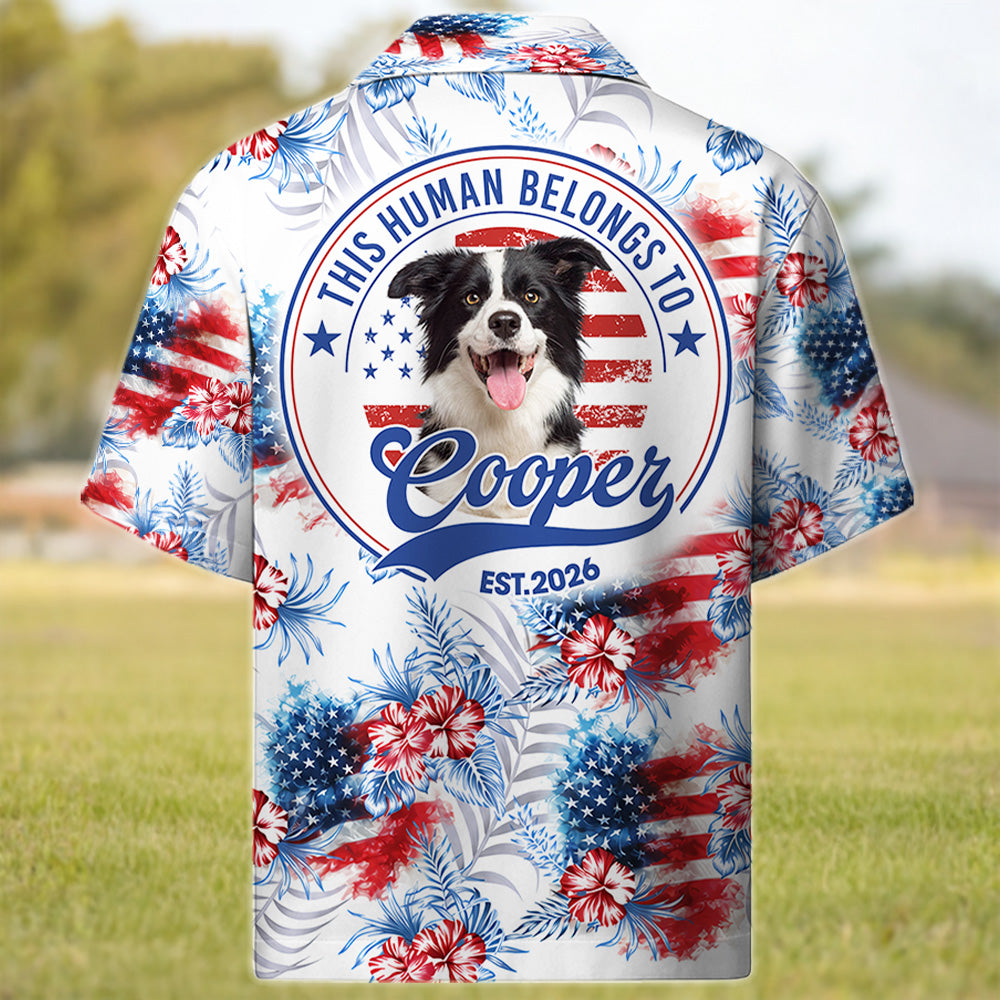 This Human Belongs To, Custom Photo Dog Short Sleeve Silk Shirt, USA 250 Anniversary Patriotic Shirt, Gift For Dog Lover T1807 T24