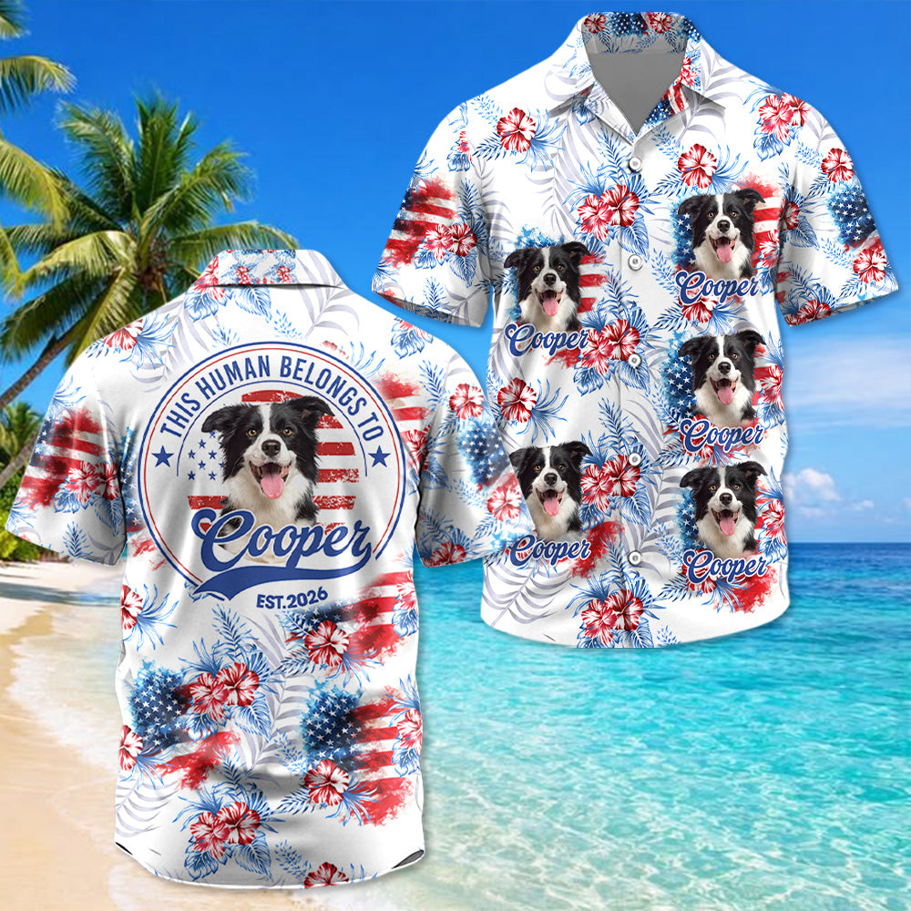 This Human Belongs To, Custom Photo Dog Short Sleeve Silk Shirt, USA 250 Anniversary Patriotic Shirt, Gift For Dog Lover T1807 T24