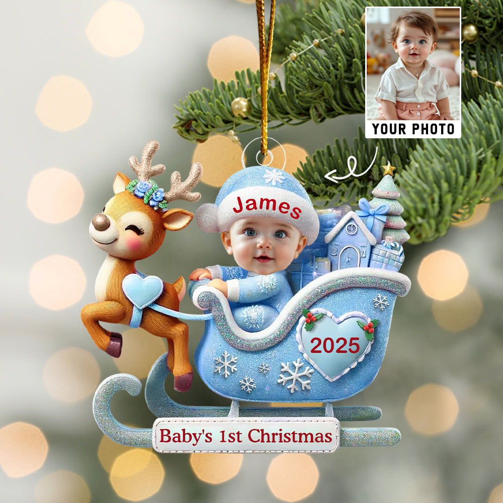 Baby In Reindeer Sleigh - Custom Photo Acrylic Ornament T1807 Hv01