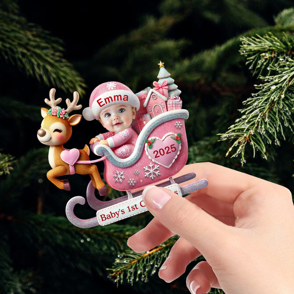 Baby In Reindeer Sleigh - Custom Photo Acrylic Ornament T1807 Hv01