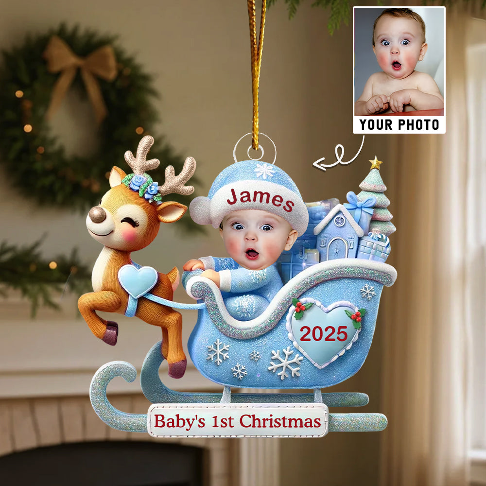 Baby In Reindeer Sleigh - Custom Photo Acrylic Ornament T1807 Hv01