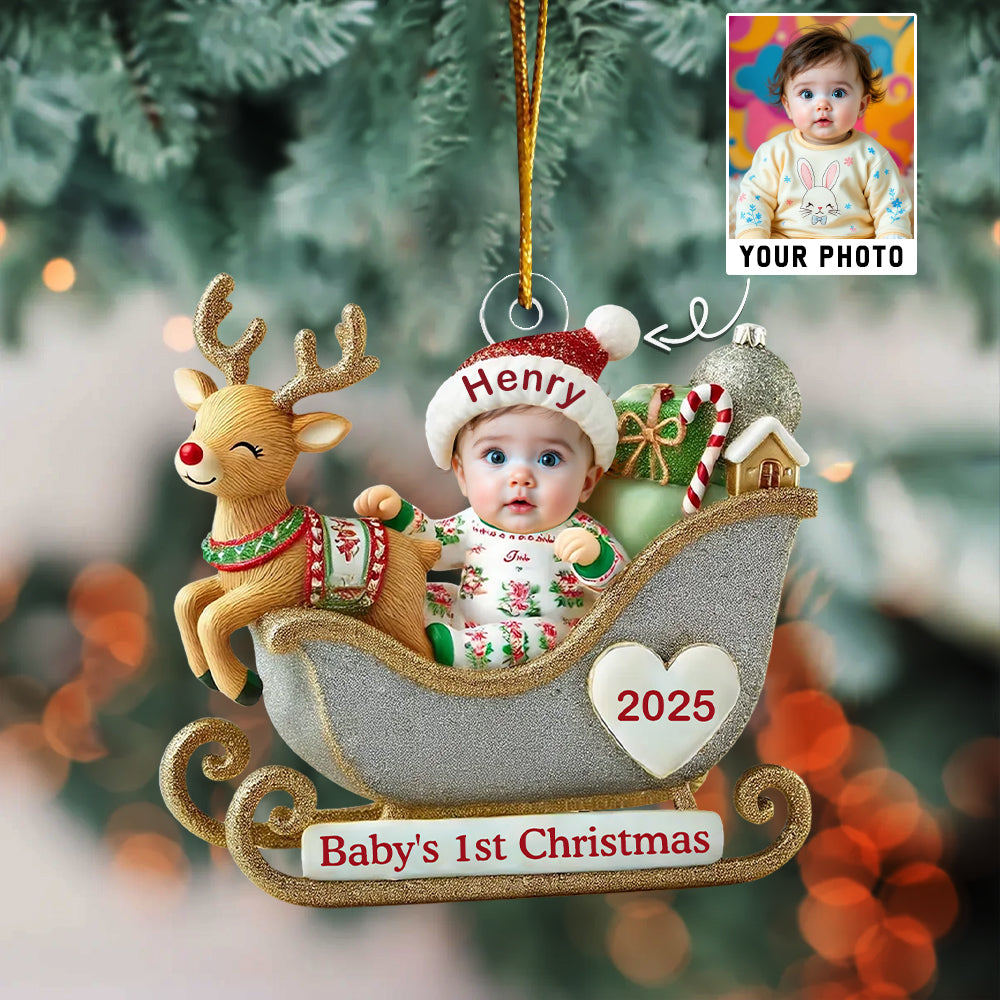 Baby In Reindeer Sleigh - Custom Photo Acrylic Ornament T1807 Hv01