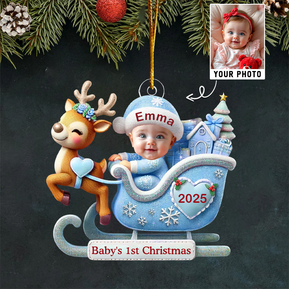 Baby In Reindeer Sleigh - Custom Photo Acrylic Ornament T1807 Hv01