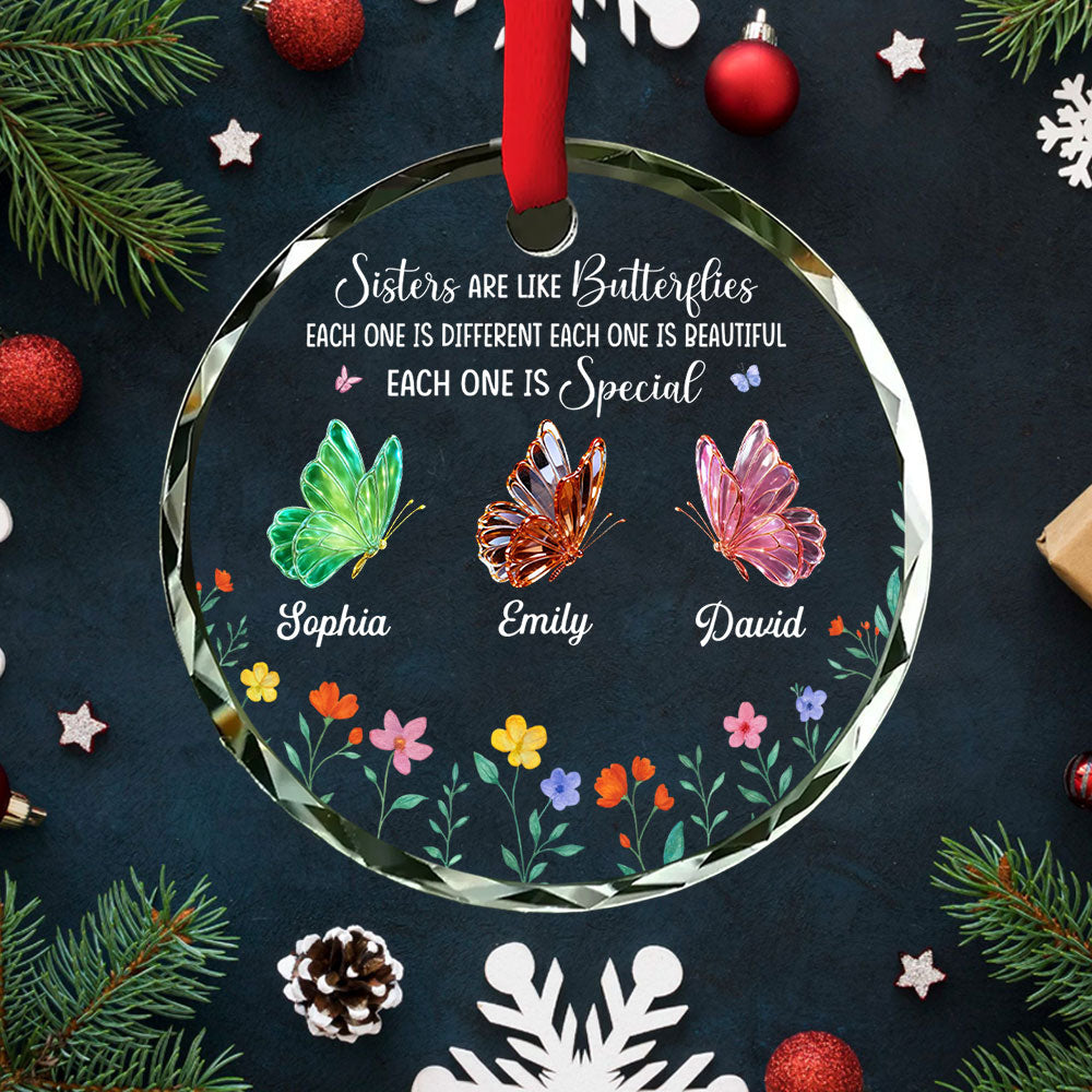 Sisters Are Like Butterflies - Personalized Glass Ornament - Gift For Sisters Besties T1807 Pt99