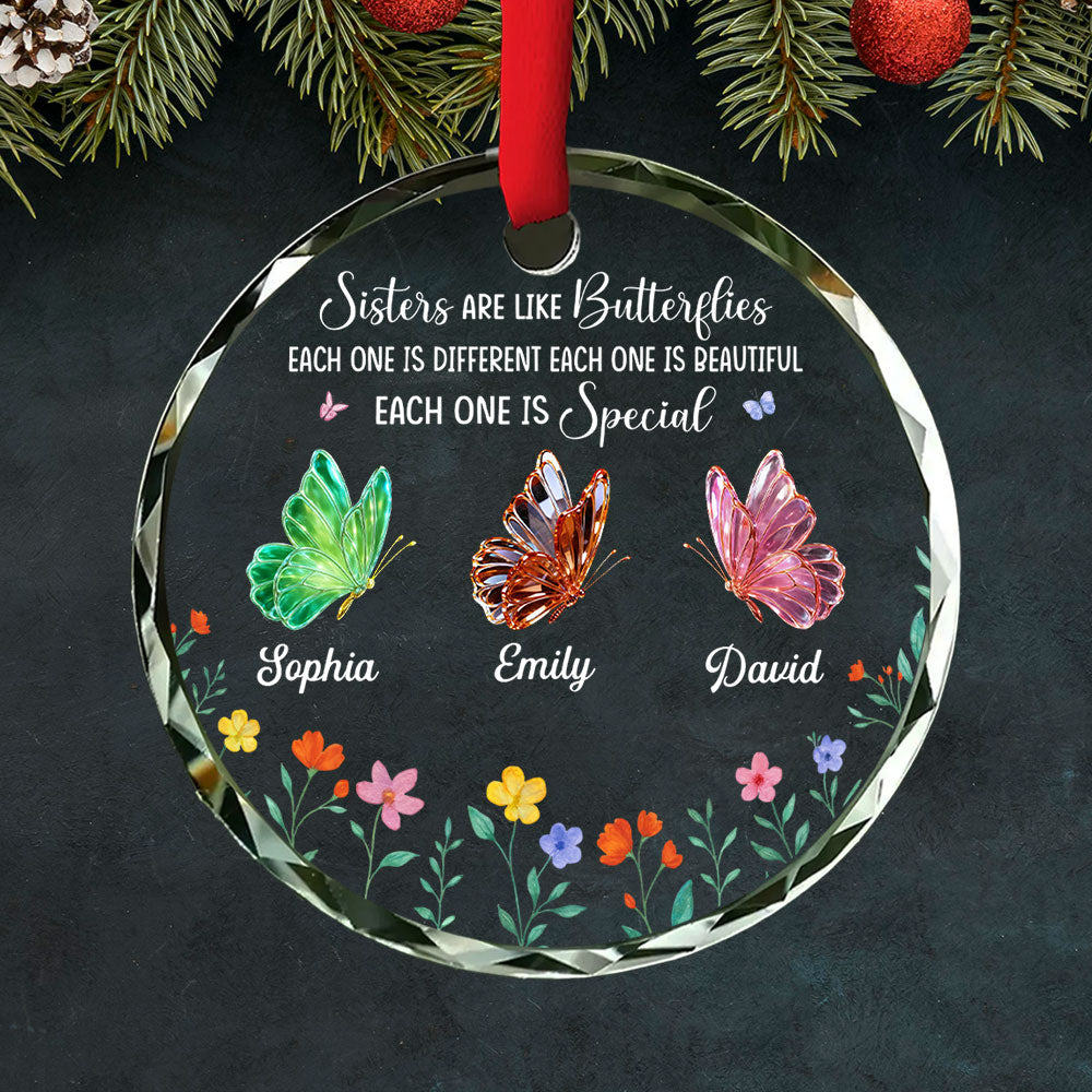Sisters Are Like Butterflies - Personalized Glass Ornament - Gift For Sisters Besties T1807 Pt99