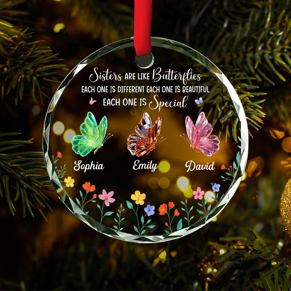 Sisters Are Like Butterflies - Personalized Glass Ornament - Gift For Sisters Besties T1807 Pt99