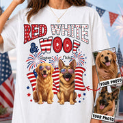 Red White Woof Personalized Shirt Patriotic American Flag Fireworks For Independence Day USA Custom Photo Dog Gift For Pet Lovers T1807 Nh00