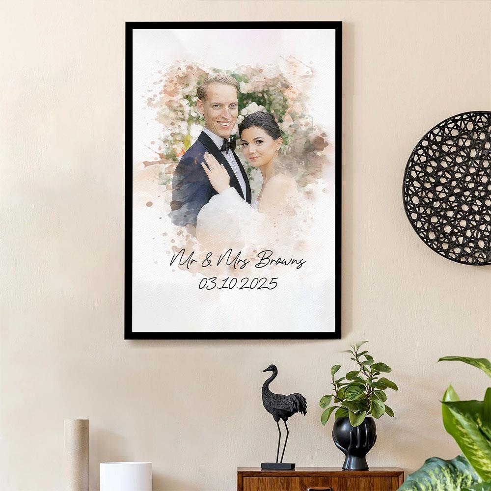 Watercolor Couple Portrait from Photo, Custom Wedding Anniversary Christmas Gift for Wife Husband Parents, Engagement Gift for Friend, Unique Poster Wall Art Nh00