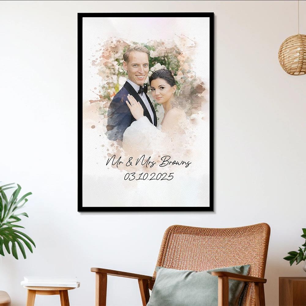 Watercolor Couple Portrait from Photo, Custom Wedding Anniversary Christmas Gift for Wife Husband Parents, Engagement Gift for Friend, Unique Poster Wall Art Nh00