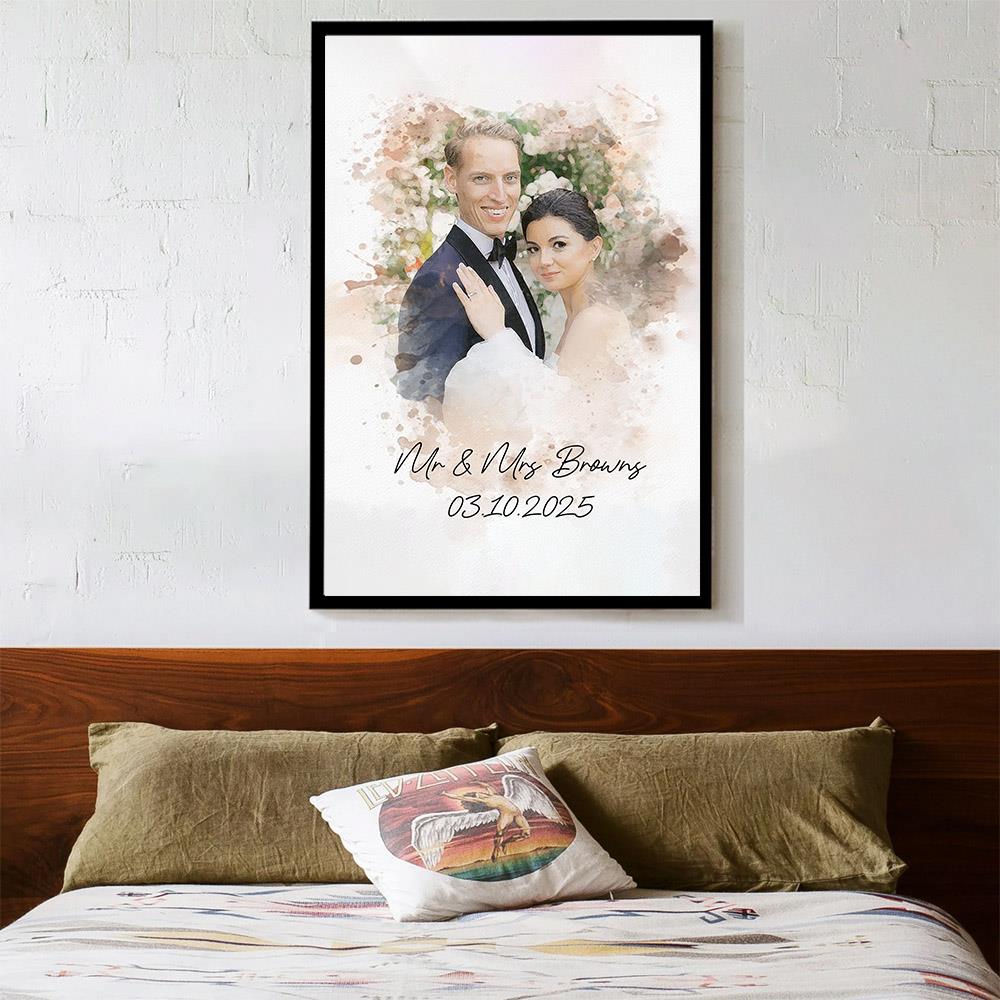 Watercolor Couple Portrait from Photo, Custom Wedding Anniversary Christmas Gift for Wife Husband Parents, Engagement Gift for Friend, Unique Poster Wall Art Nh00