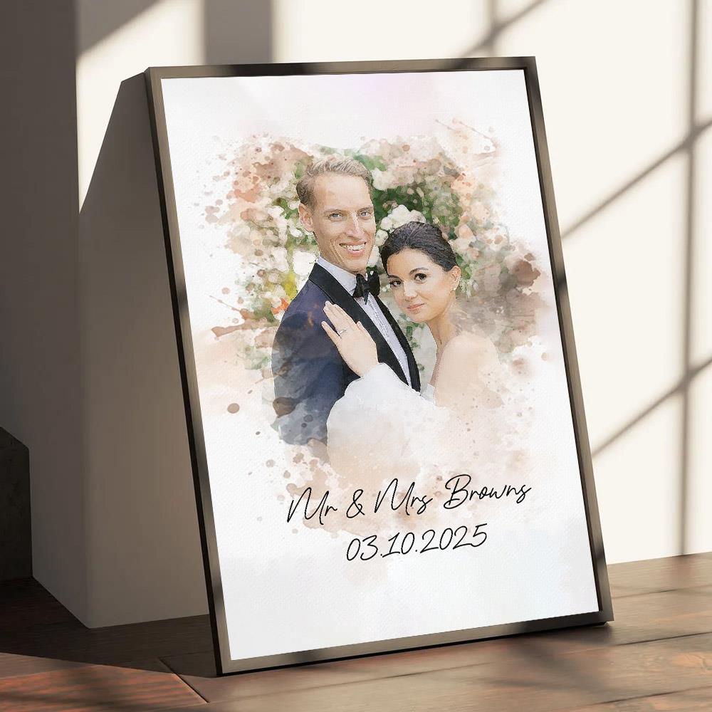 Watercolor Couple Portrait from Photo, Custom Wedding Anniversary Christmas Gift for Wife Husband Parents, Engagement Gift for Friend, Unique Poster Wall Art Nh00
