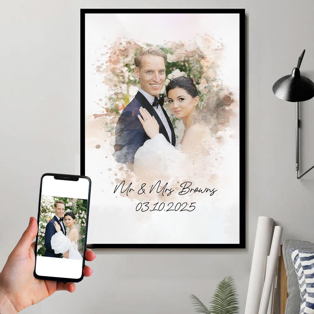 Watercolor Couple Portrait from Photo, Custom Wedding Anniversary Christmas Gift for Wife Husband Parents, Engagement Gift for Friend, Unique Poster Wall Art Nh00