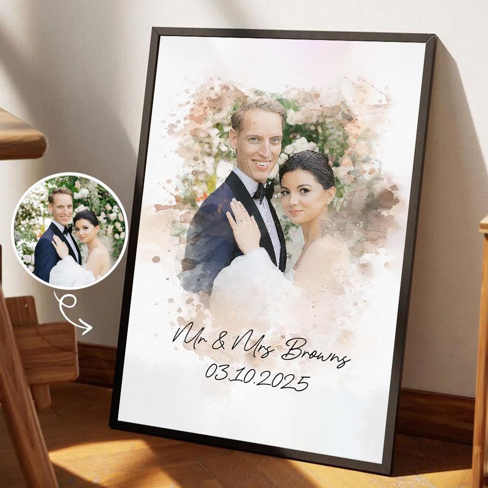 Watercolor Couple Portrait from Photo, Custom Wedding Anniversary Christmas Gift for Wife Husband Parents, Engagement Gift for Friend, Unique Poster Wall Art Nh00