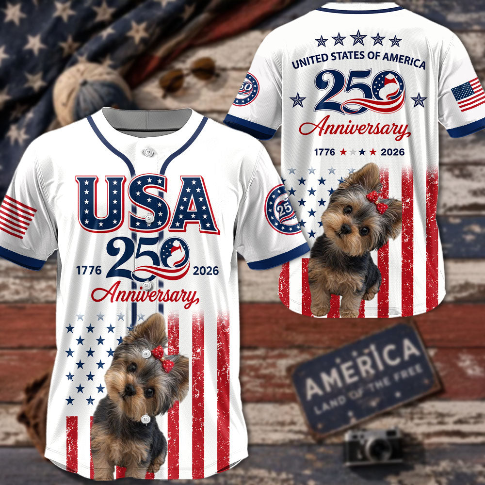 Custom Upload Photo Yorkshire Terrier USA 250th Anniversary Baseball Jersey 1776-2026 Patriotic Dog Lovers Shirt Pt99