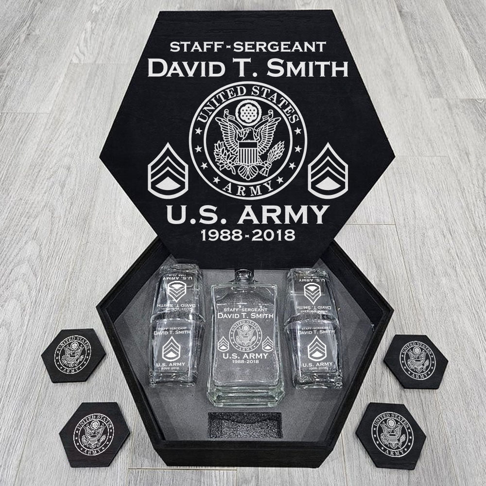Custom Military Hexagon Decanter Set Full Custom Whiskey Decanter Set For US Military Retirement Gift H2511