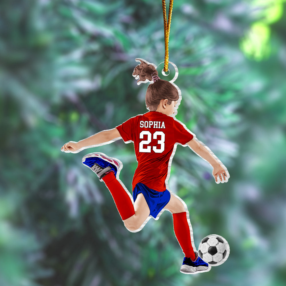 Personalized Little Girl/Kid Soccer Players Acrylic Christmas Ornament - Gift For Soccer Lovers, Best Idea Custom Shape Ornament Christmas