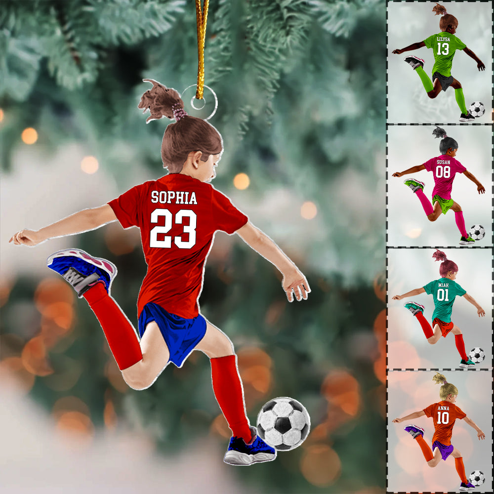 Personalized Little Girl/Kid Soccer Players Acrylic Christmas Ornament - Gift For Soccer Lovers, Best Idea Custom Shape Ornament Christmas