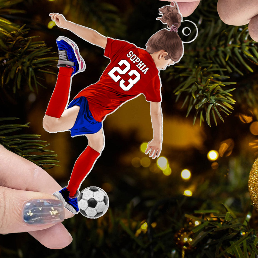 Personalized Little Girl/Kid Soccer Players Acrylic Christmas Ornament - Gift For Soccer Lovers, Best Idea Custom Shape Ornament Christmas