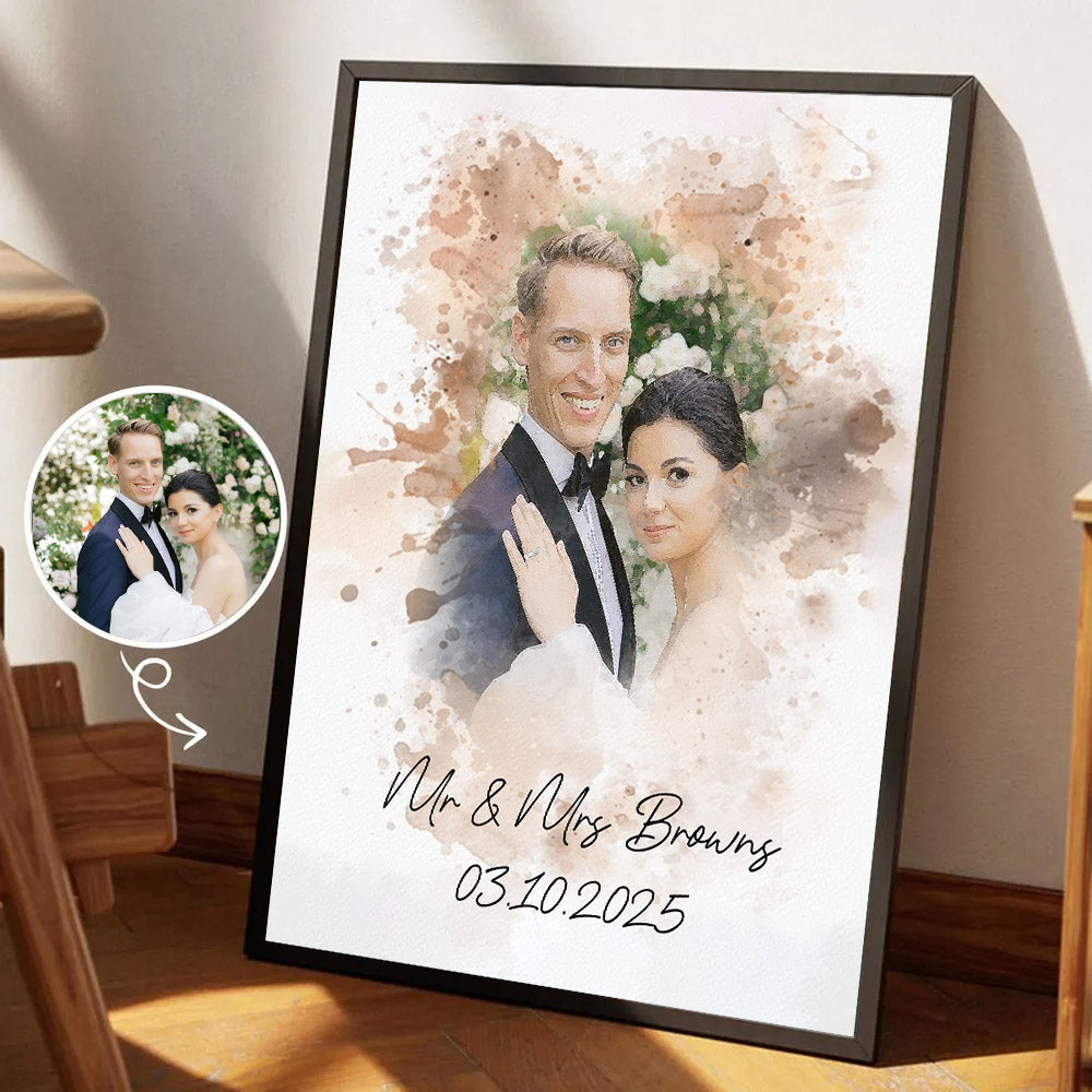 Watercolor Couple Portrait from Photo, Custom Wedding Anniversary Christmas Gift for Wife Husband Parents, Engagement Gift for Friend, Unique Poster Wall Art vr2 Nh00