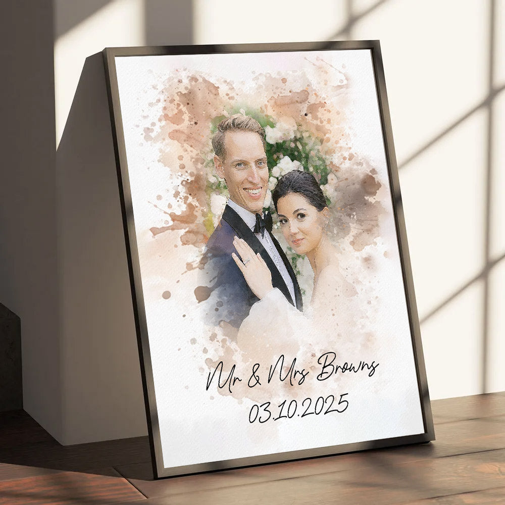 Watercolor Couple Portrait from Photo, Custom Wedding Anniversary Christmas Gift for Wife Husband Parents, Engagement Gift for Friend, Unique Poster Wall Art vr2 Nh00