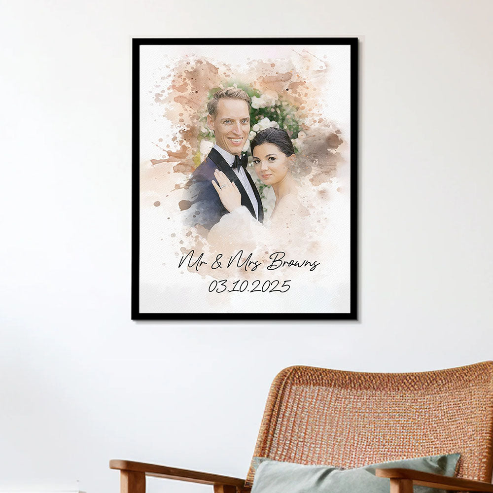 Watercolor Couple Portrait from Photo, Custom Wedding Anniversary Christmas Gift for Wife Husband Parents, Engagement Gift for Friend, Unique Poster Wall Art vr2 Nh00