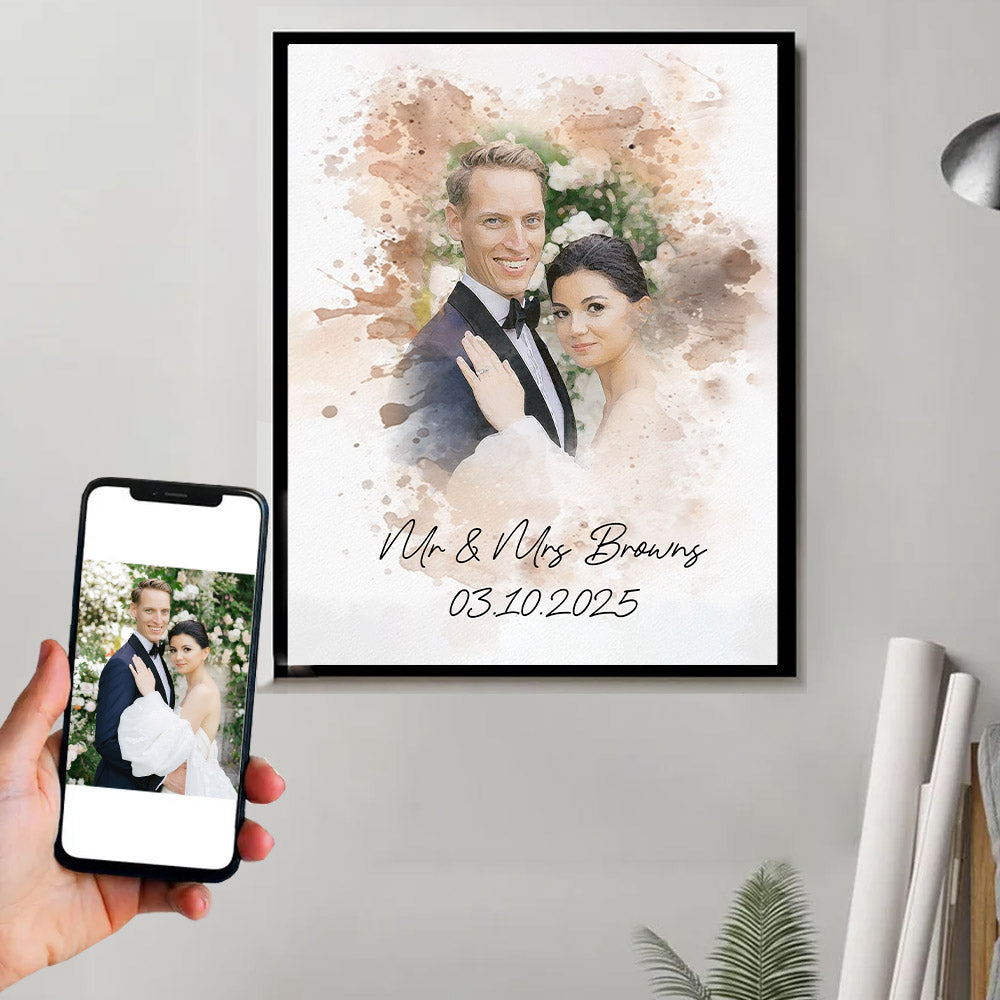 Watercolor Couple Portrait from Photo, Custom Wedding Anniversary Christmas Gift for Wife Husband Parents, Engagement Gift for Friend, Unique Poster Wall Art vr2 Nh00