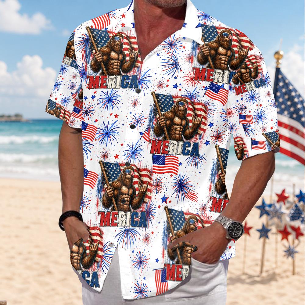 Dadsquatch Like A Dad, Just Way More Squatchy, 4th Of July Firework Bigfoot Hawaiian Shirt Independence Day Aloha Shirt Bigfoot Shirts, 4th Of July Gift USA Flag Shirt T1807 Nh00