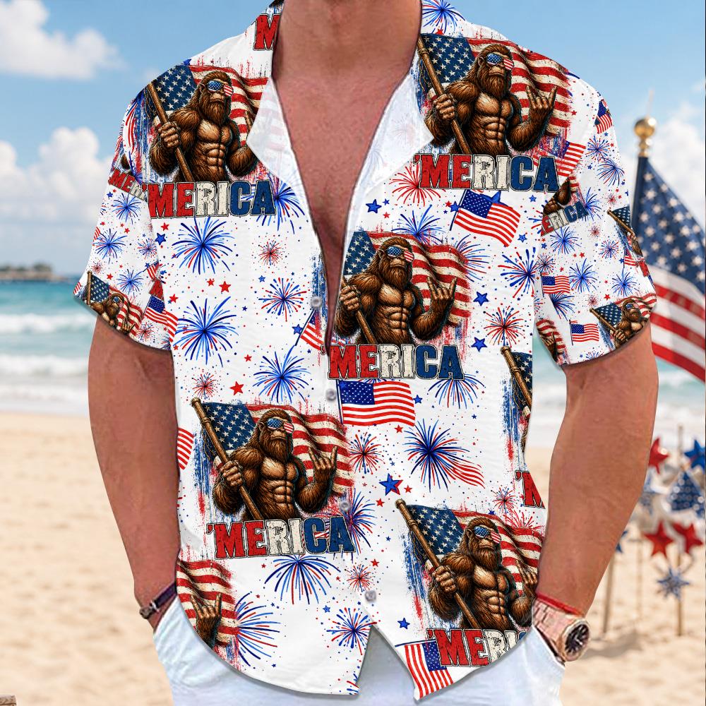 Dadsquatch Like A Dad, Just Way More Squatchy, 4th Of July Firework Bigfoot Hawaiian Shirt Independence Day Aloha Shirt Bigfoot Shirts, 4th Of July Gift USA Flag Shirt T1807 Nh00