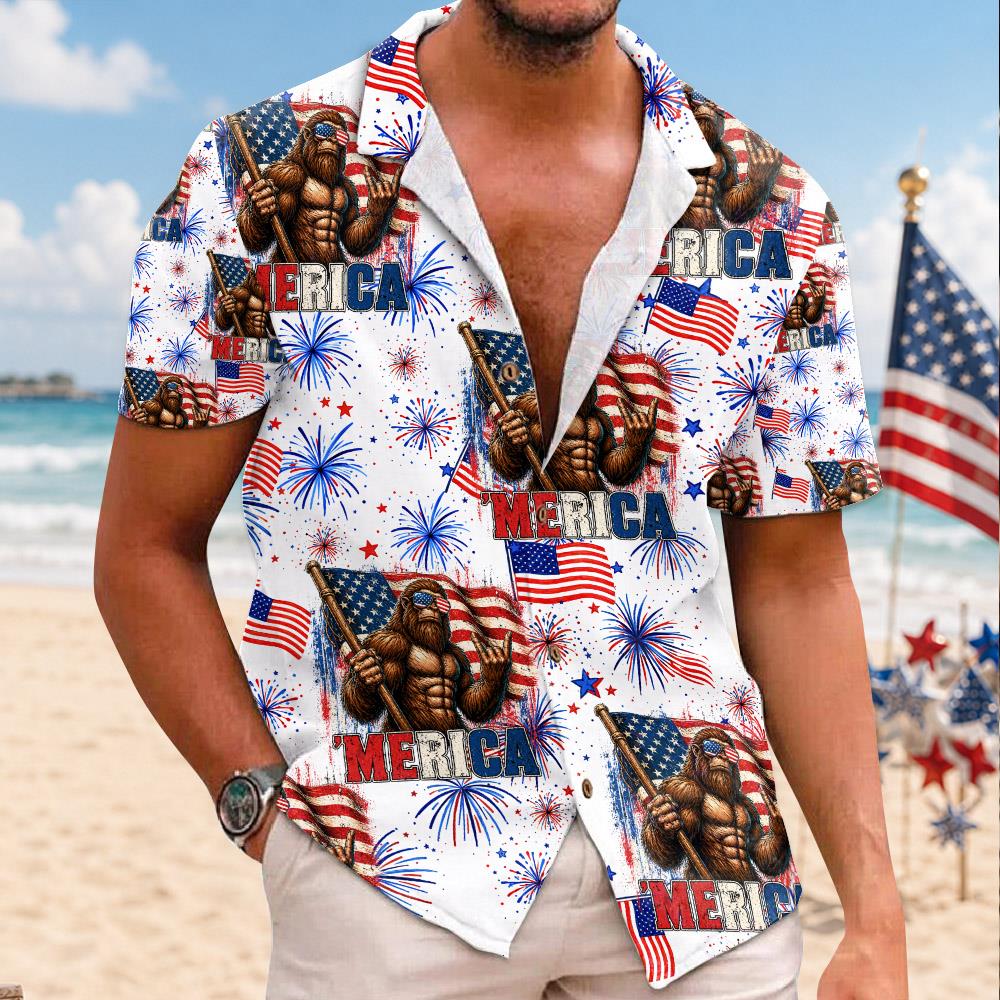 Dadsquatch Like A Dad, Just Way More Squatchy, 4th Of July Firework Bigfoot Hawaiian Shirt Independence Day Aloha Shirt Bigfoot Shirts, 4th Of July Gift USA Flag Shirt T1807 Nh00