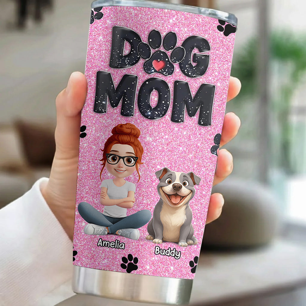 Lovely Dog Mom Blink Black Pink Cartoon Dog - Personalized Tumbler - Gift For Pet Lovers T1807 Hv01