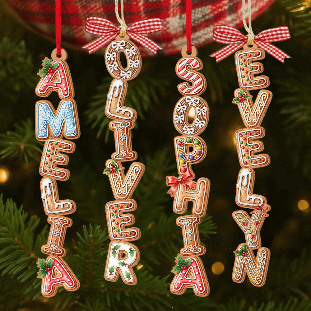 Custom Gingerbread Alphabet Ornament, Kids Name Ornament, Christmas Tag for Stockings, Personalized Family Wood Ornament Hv01